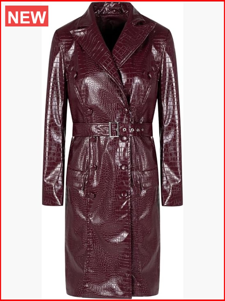 Faux Pu Leather Long Trench Coat With Belt